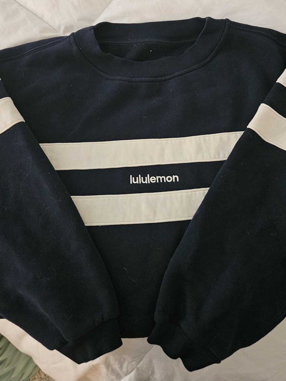 Lululemon Women's Navy and Cream Striped Crewneck 👕 Sweater